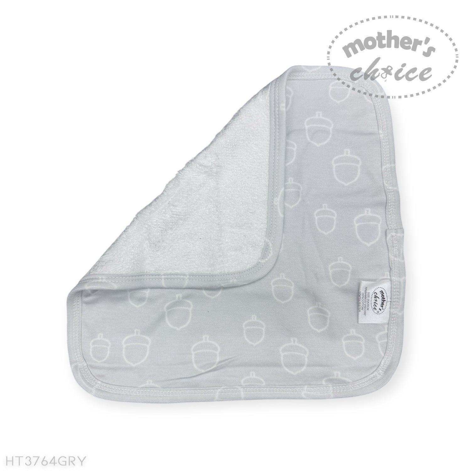 Gray baby blanket with acorn pattern and 'Mother's Choice' branding on a white background