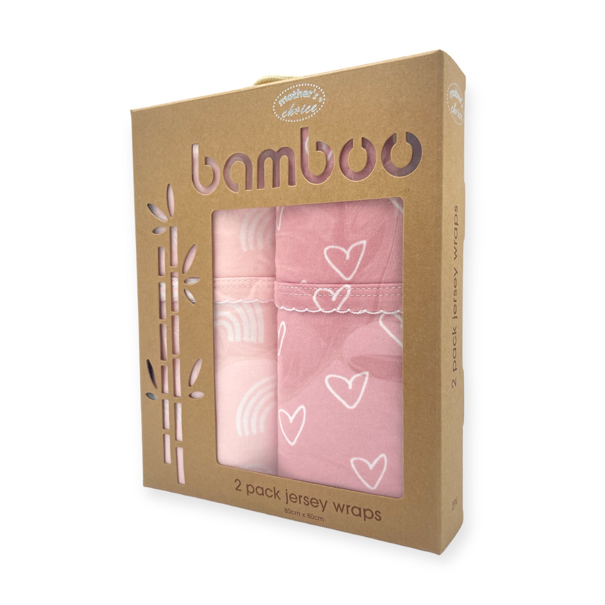 Packaged bamboo jersey wraps with pink design on a white background