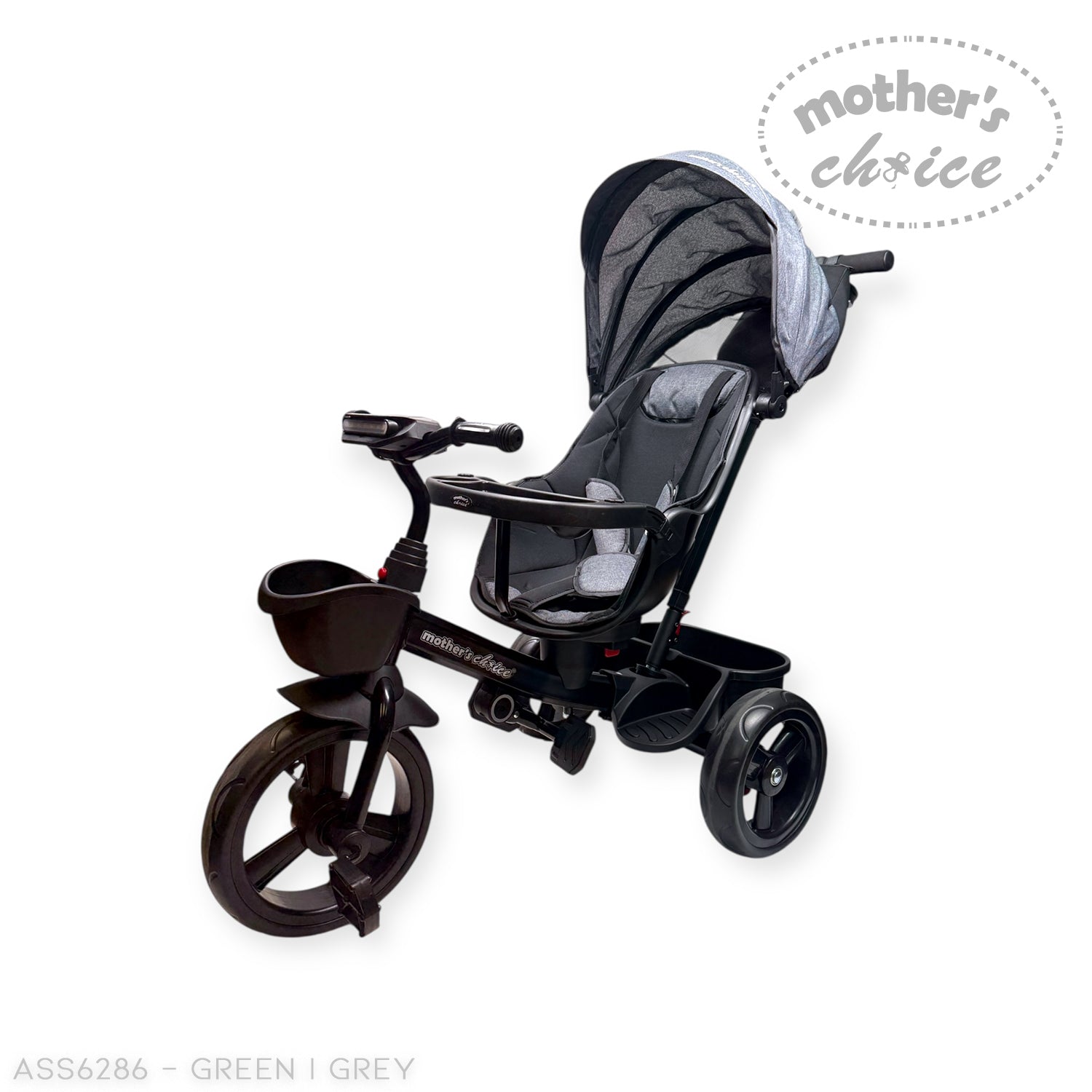 Black and grey baby tricycle with canopy on a white background, featuring 'Mother's Choice' branding.