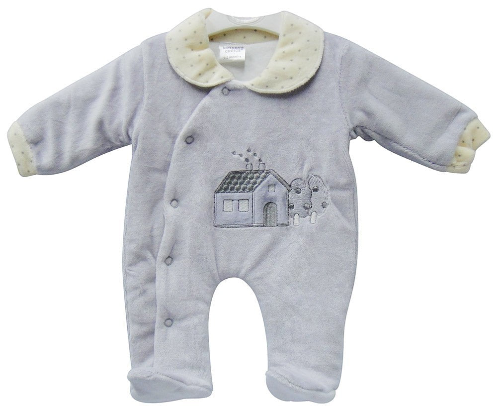 Gray baby onesie with white collar and embroidered design on a white background
