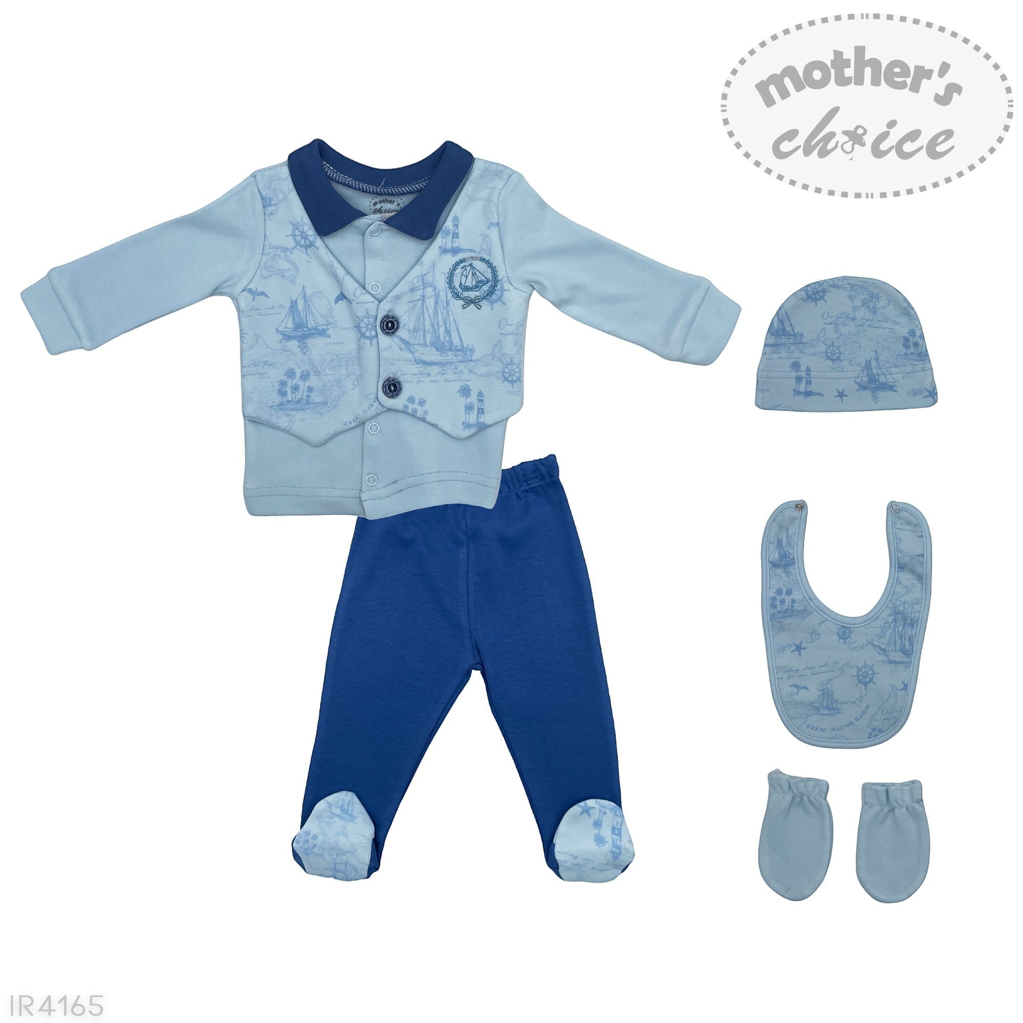 Baby boy's outfit set with jacket, pants, hat, bib, and socks on a white background.