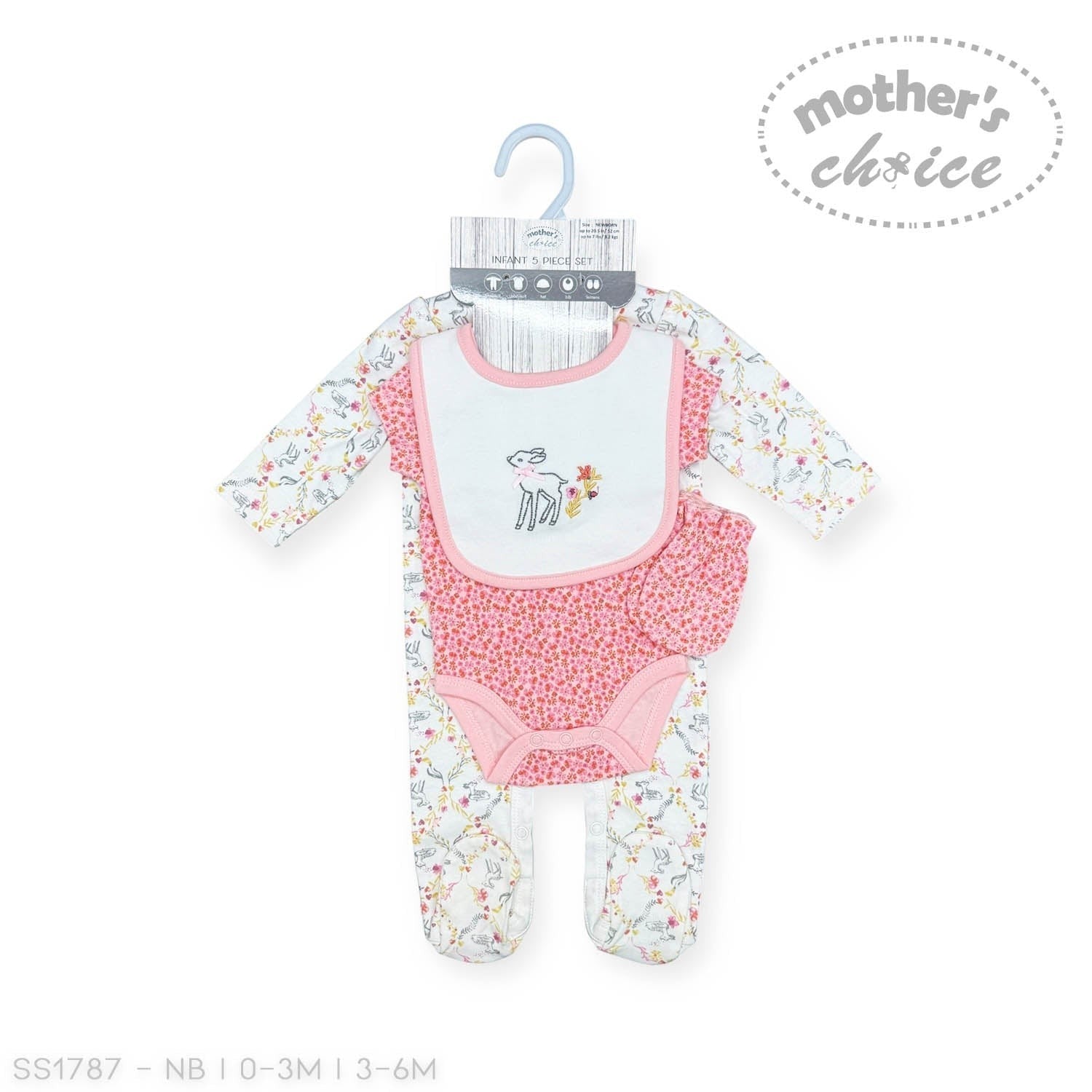 Baby outfit set with floral pattern and pink accents on a hanger, branded 'Mother's Choice'.