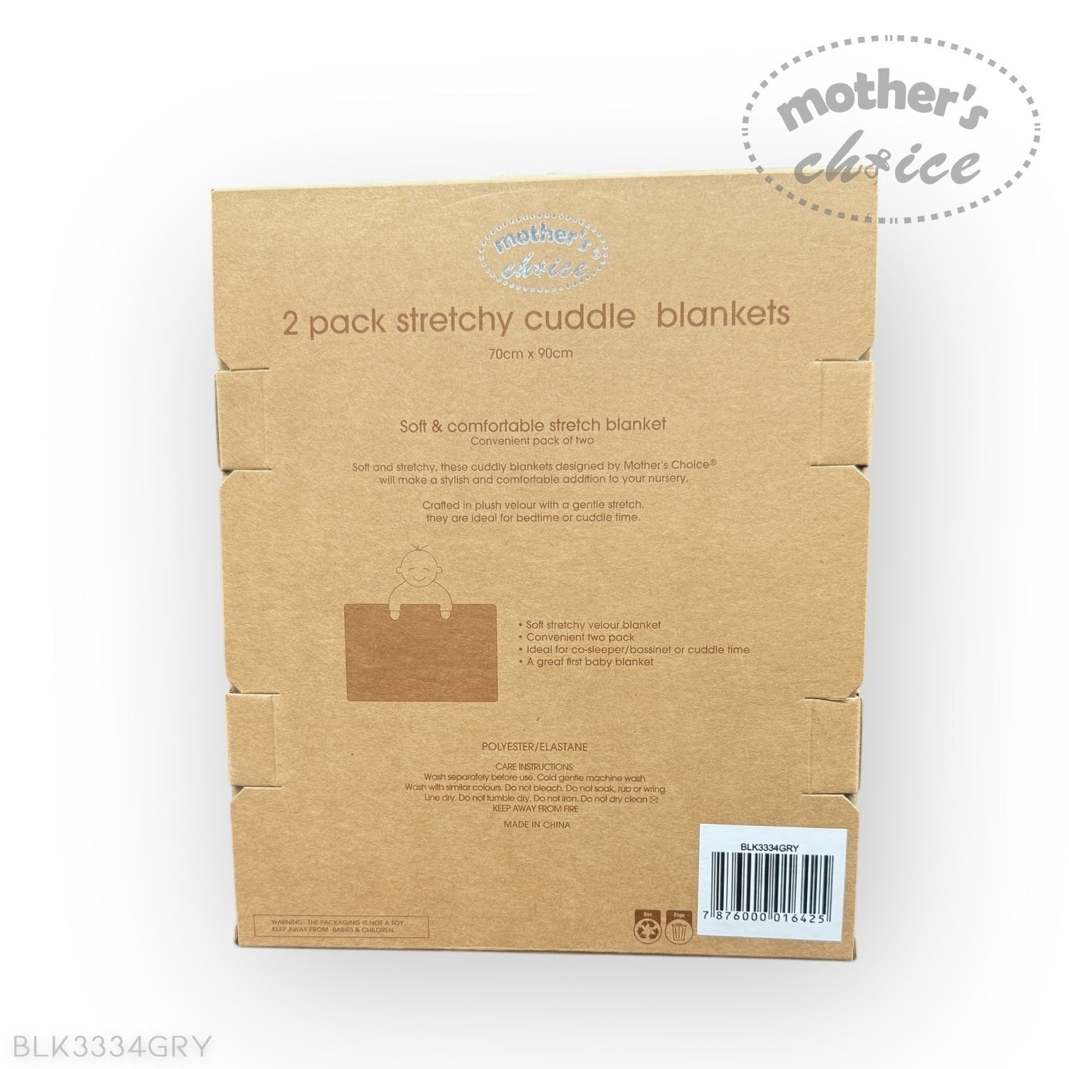Cardboard packaging of 2 pack stretchy cuddle blankets with 'Mother's Choice' branding on a white background.