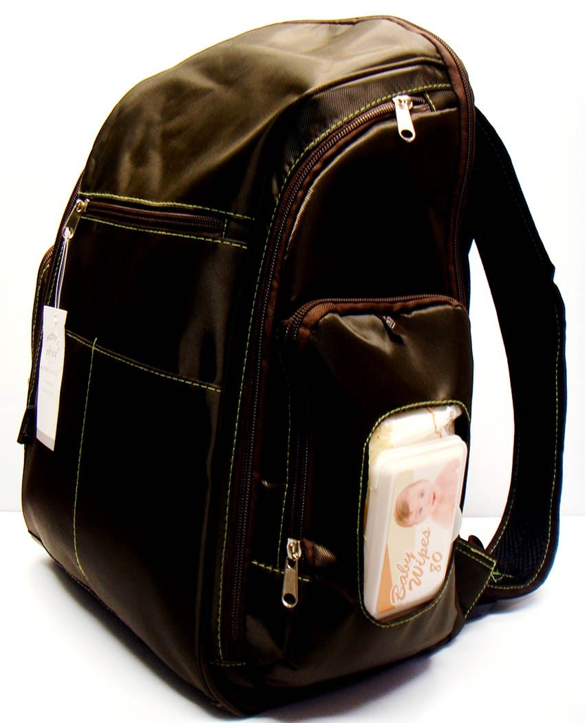 Brown backpack with a front pocket displaying a baby picture on a white background