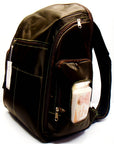 Brown backpack with a front pocket displaying a baby picture on a white background