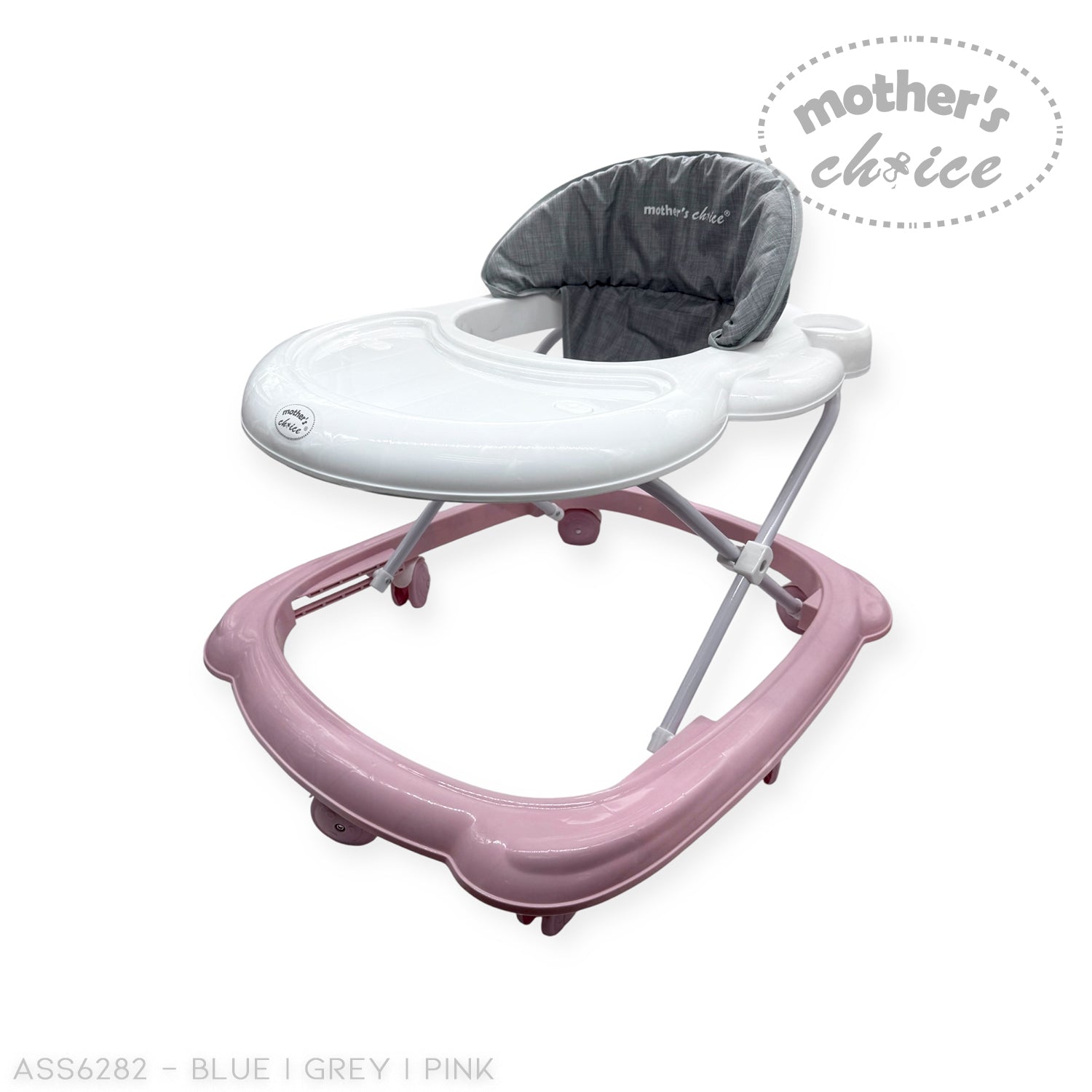 Baby walker with pink base and gray seat on a white background, branded 'Mother's Choice'.