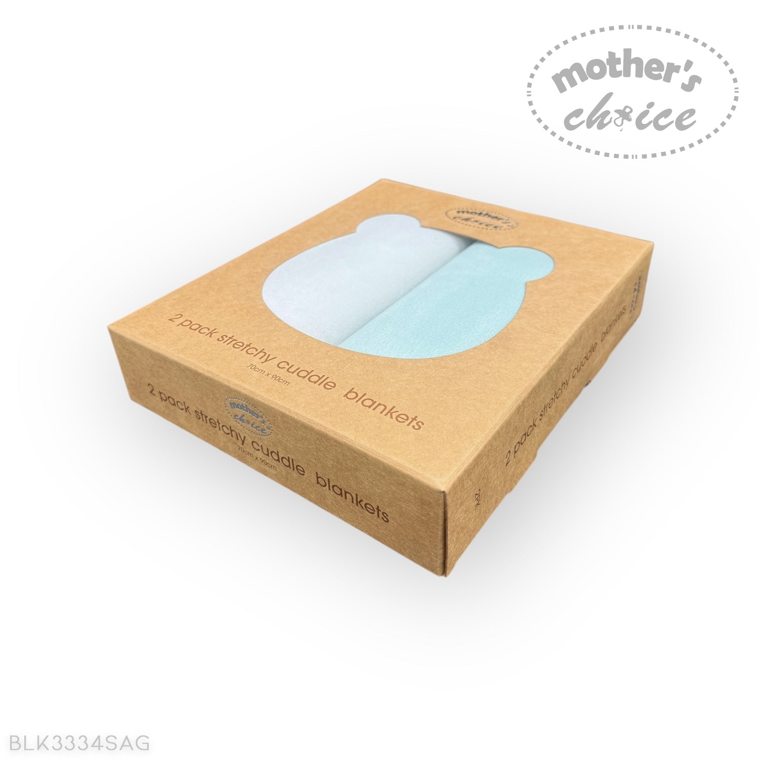 Cardboard packaging for stretchy cuddle blankets with 'mother's choice' branding on a white background.