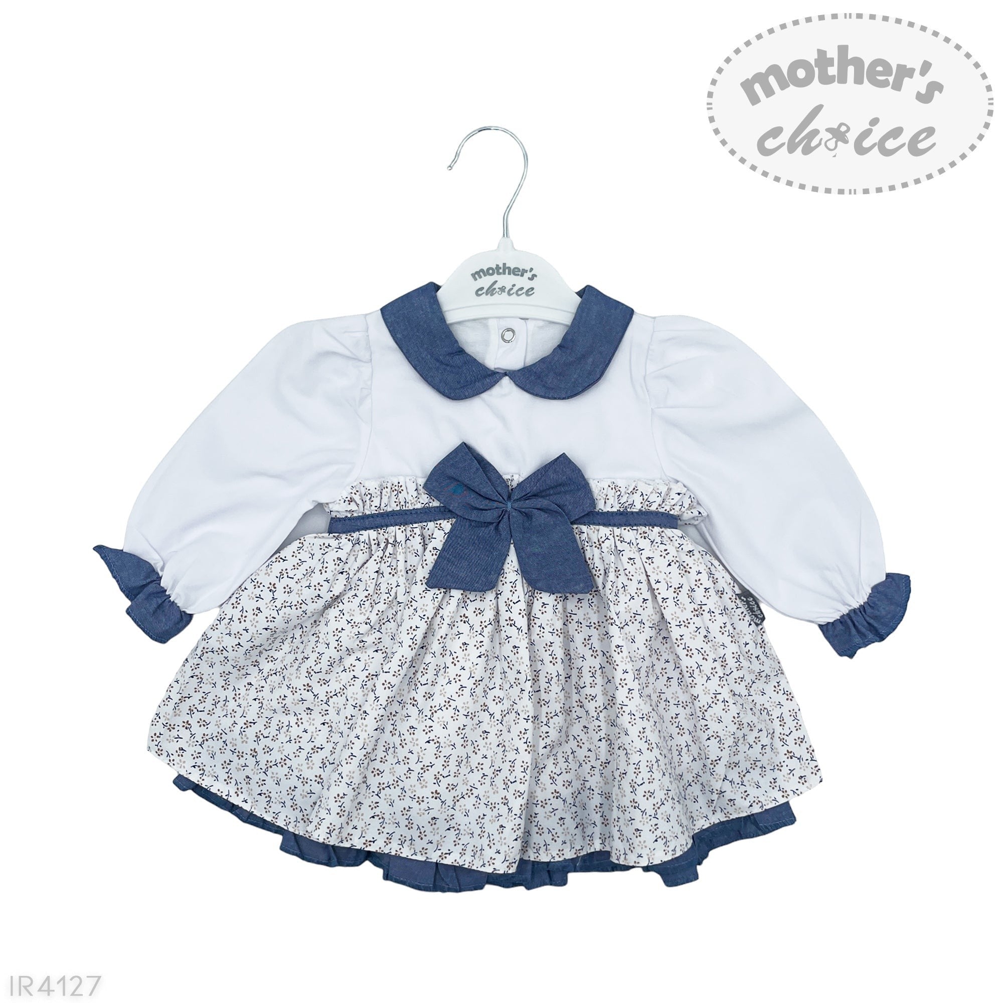 Baby dress with floral pattern and blue trim on a hanger, branded 'Mother's Choice'.