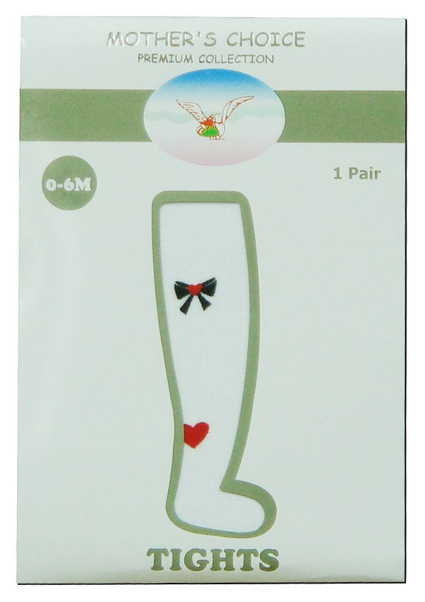 Box of Mother's Choice tights with a design of a boot, bow, and heart on a white background.