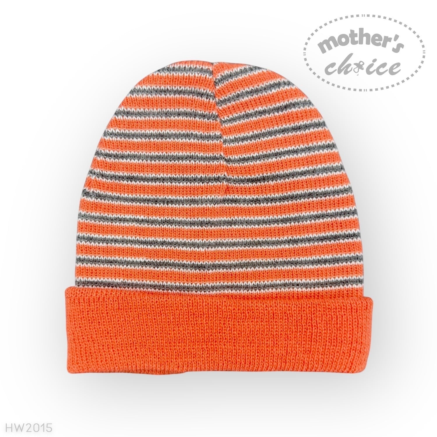 Striped orange and gray beanie on a white background with 'Mother's Choice' branding.