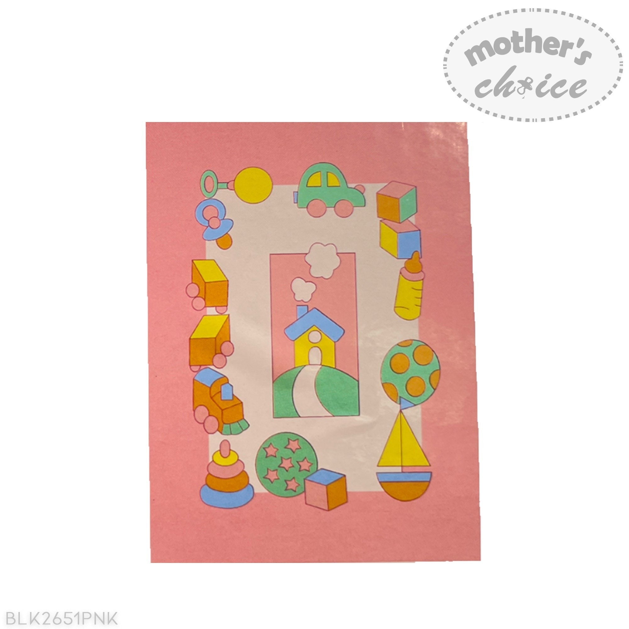 Children's play mat with colorful toy illustrations on a pink background, featuring the brand 'Mother's Choice'.