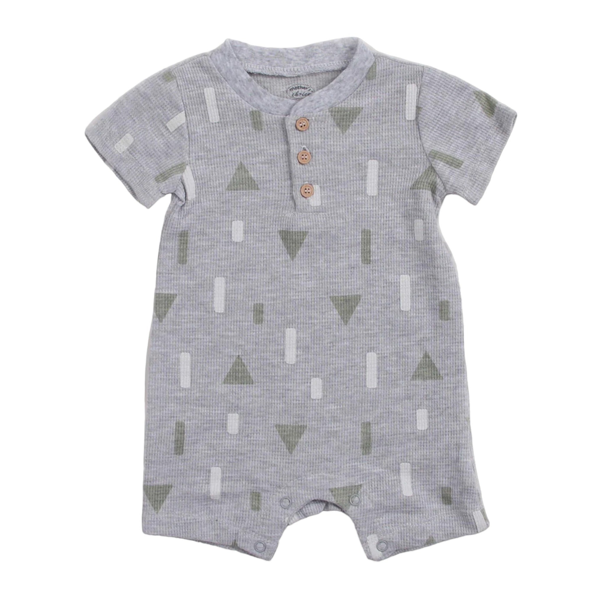 Gray baby romper with geometric pattern on a white background