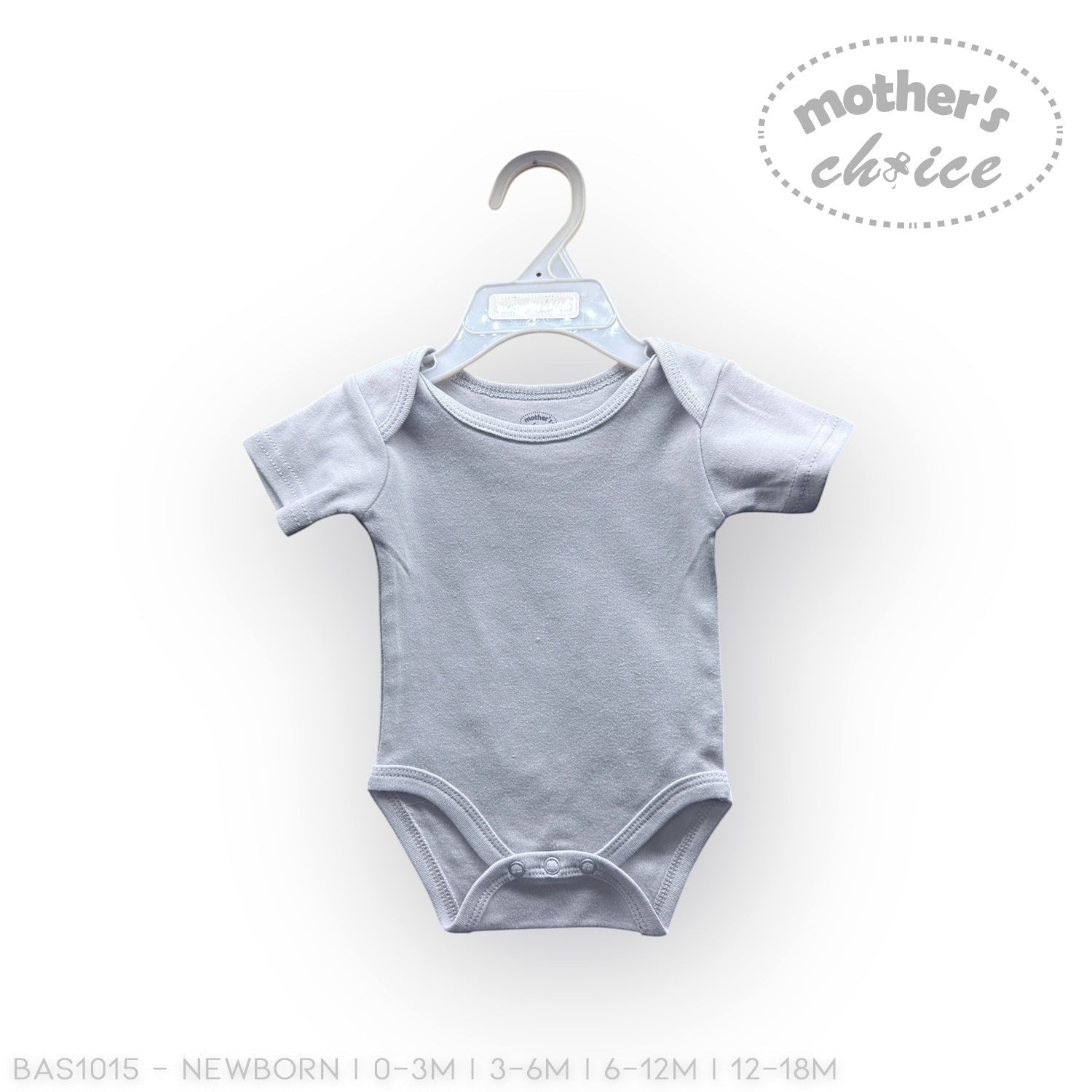 Gray baby onesie on a hanger with 'Mother's Choice' branding on a white background