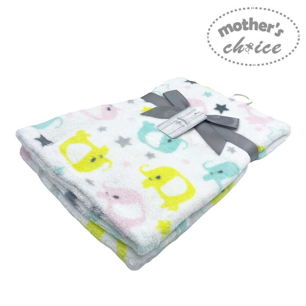 Baby blanket with cartoon animal design and 'Mother's Choice' label on a white background
