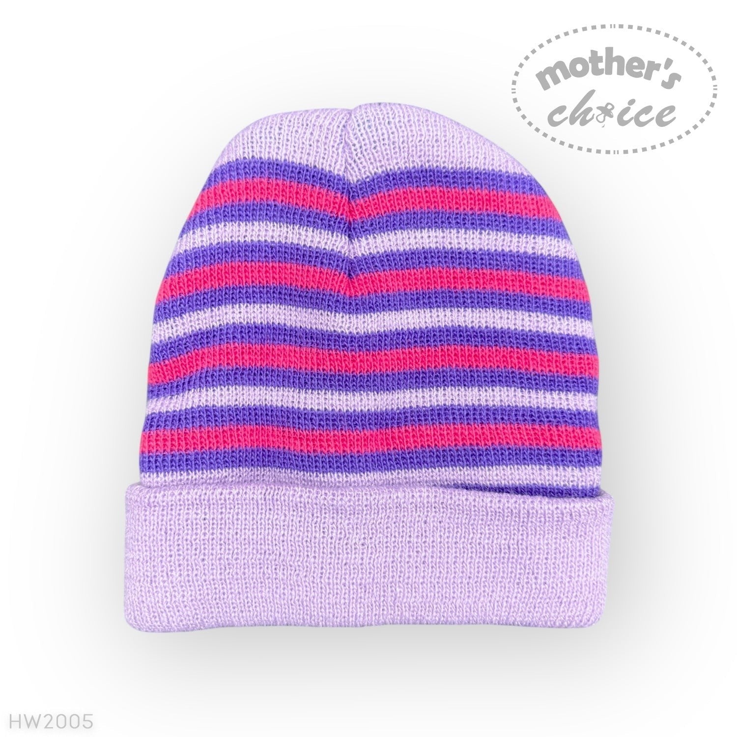 Striped purple and pink beanie on a white background with 'mother's choice' branding.