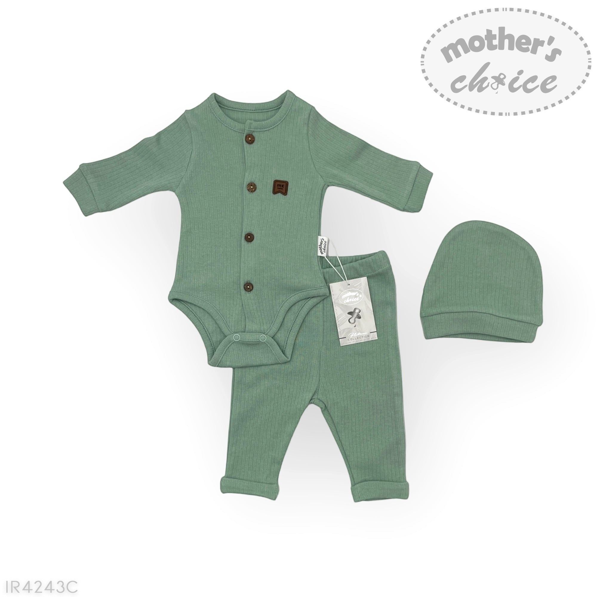 Green baby outfit with buttons, pants, and hat on a white background with 'Mother's Choice' branding.