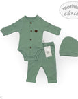 Green baby outfit with buttons, pants, and hat on a white background with 'Mother's Choice' branding.