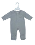 Gray baby onesie on a hanger with a white background