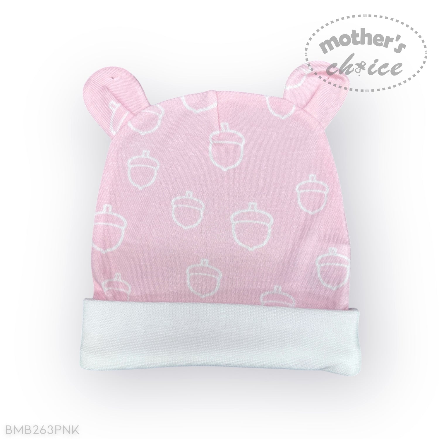 Pink baby hat with white acorn patterns on a white background, featuring 'Mother's Choice' branding.