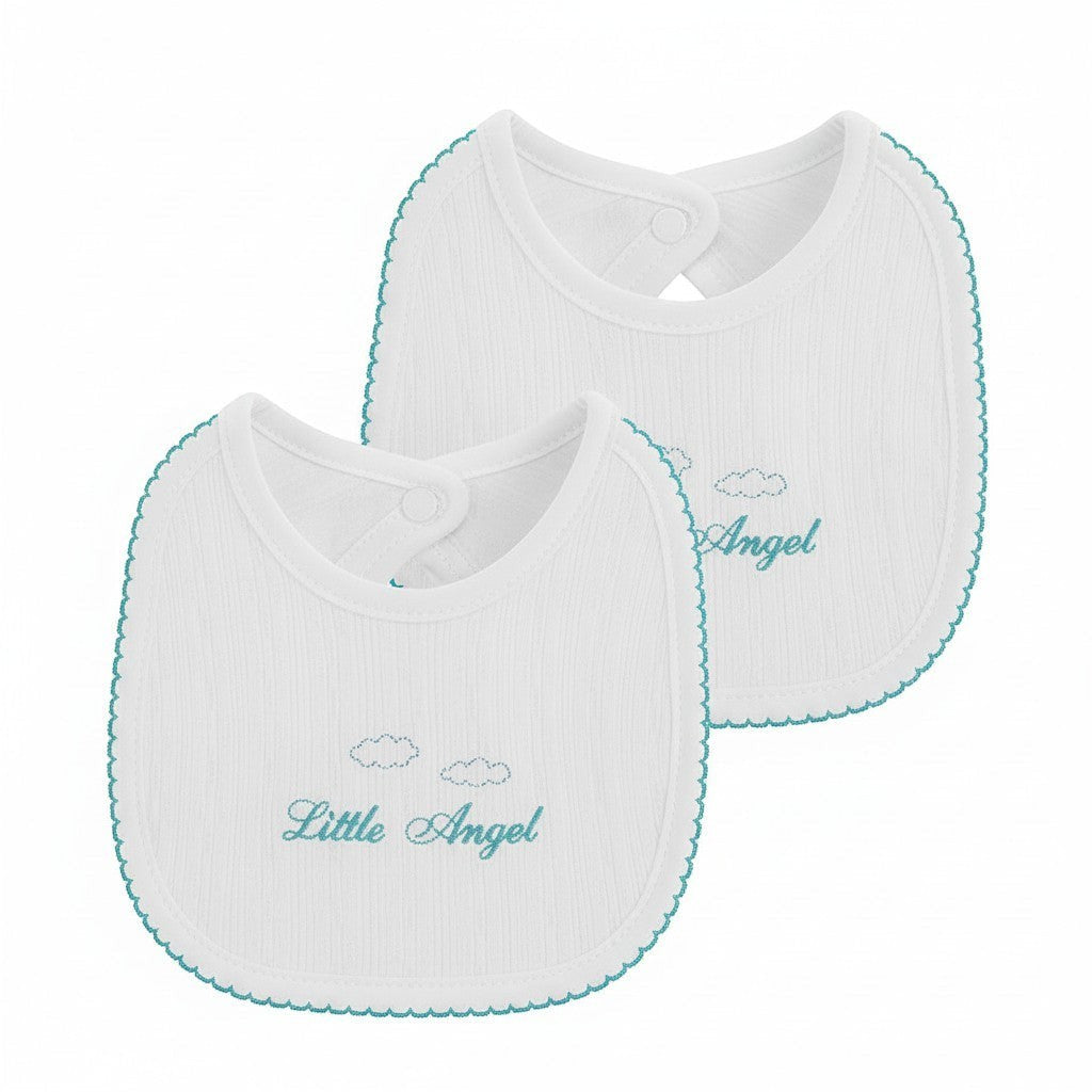 Two white baby bibs with 'Little Angel' embroidery on a white background