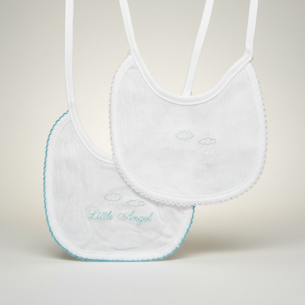 White bib with 'Little Angel' embroidery on a light background