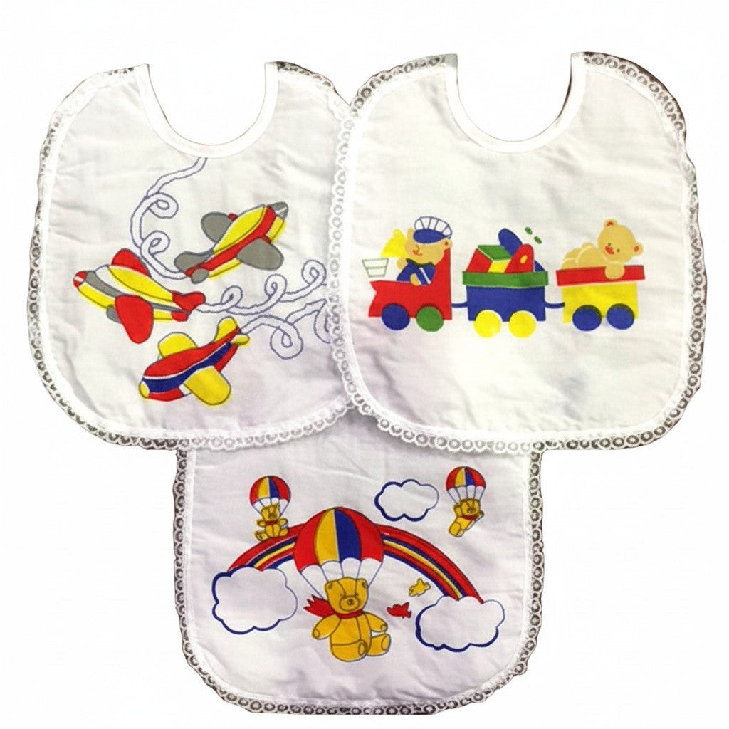Three children's bibs with colorful airplane, train, and rainbow bear designs on a white background.