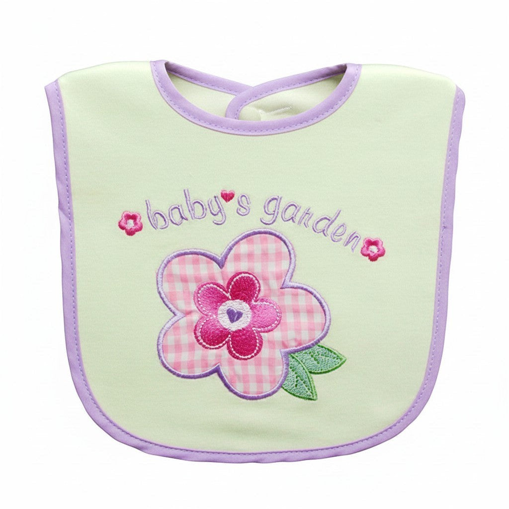 Baby bib with pink flower design and 'baby's garden' text on a light green background