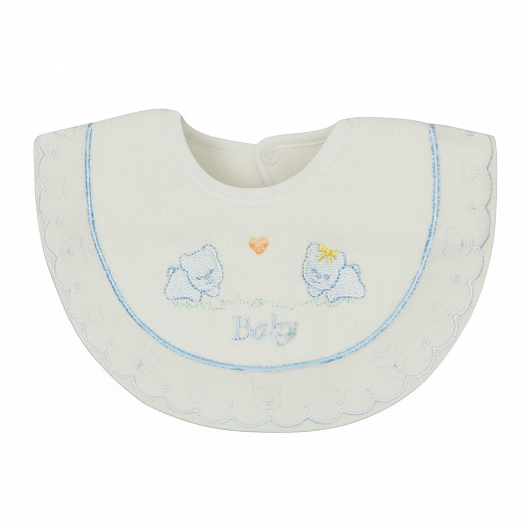 White baby bib with embroidered designs on a white background