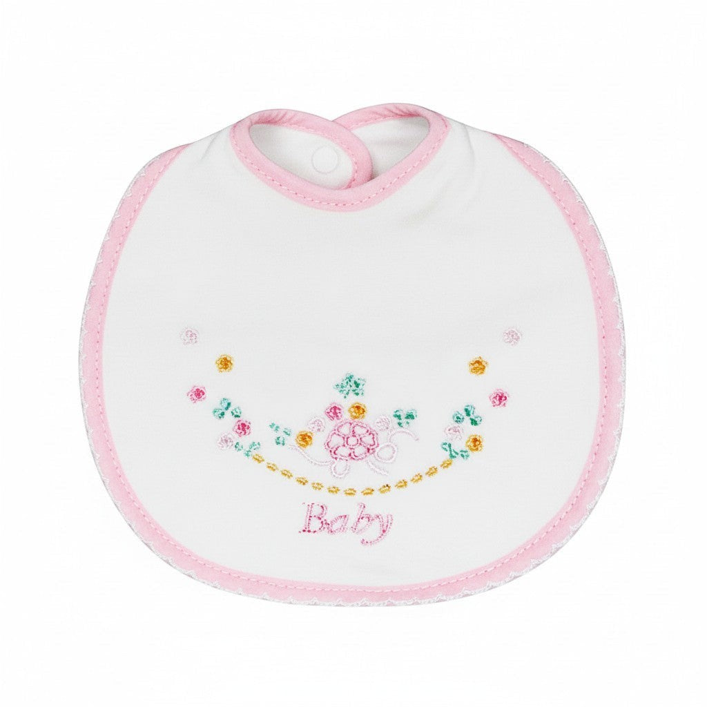White baby bib with pink trim and floral embroidery on a white background