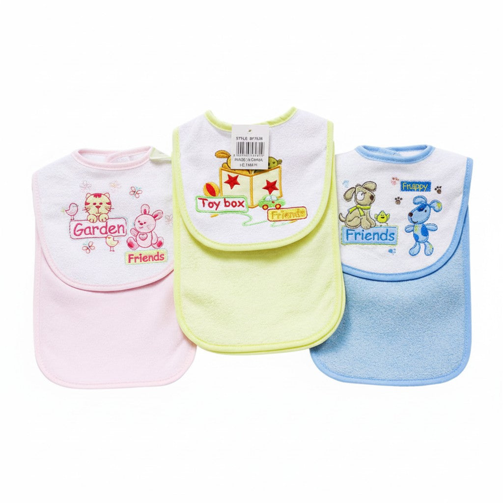 Three baby bibs in pink, yellow, and blue with cartoon designs on a white background.