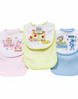 Three baby bibs in pink, yellow, and blue with cartoon designs on a white background.