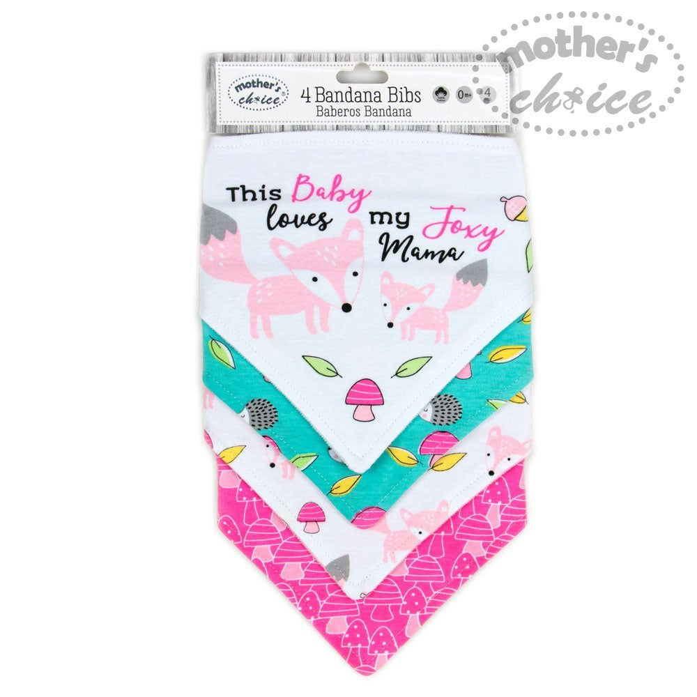 Pack of bandana bibs with fox and mushroom designs, branded 'Mother's Choice'.