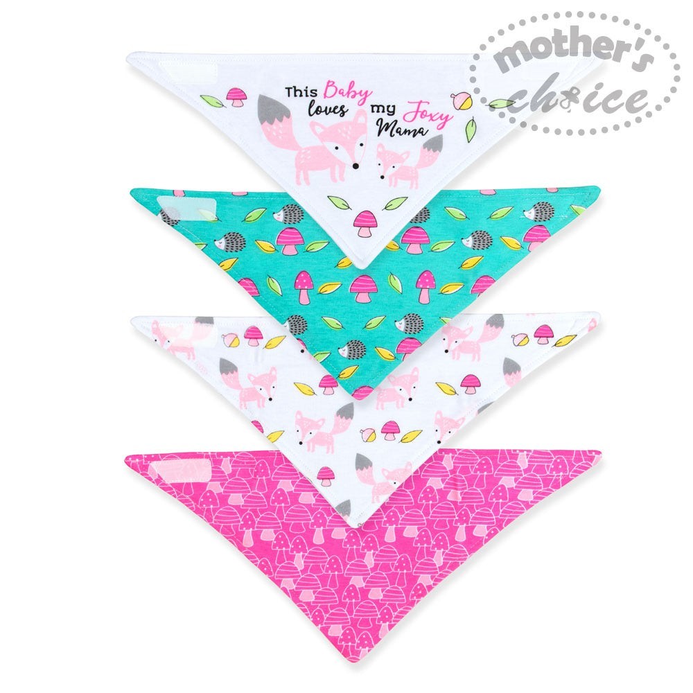 Four triangular bandana bibs with different patterns on a white background, featuring the brand 'mother's choice'.