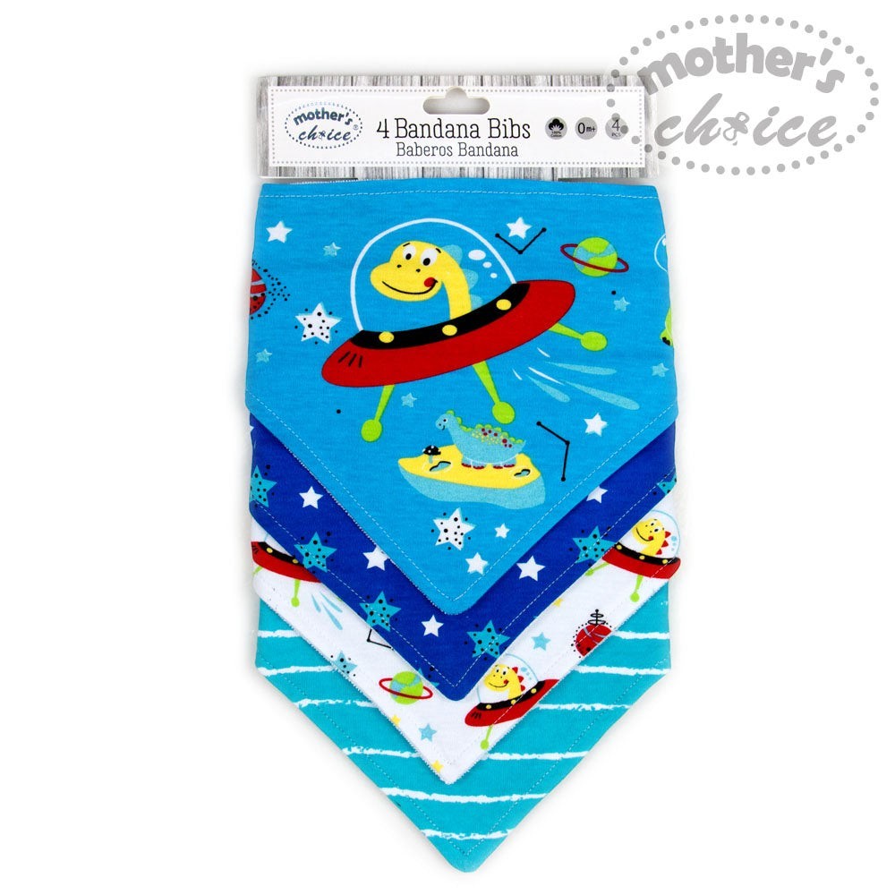 Children's bandana bib with space-themed design in packaging