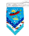Children's bandana bib with space-themed design in packaging