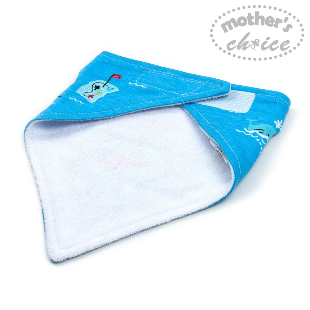 Blue baby bib with cartoon design on a white background, featuring 'mother's choice' branding.
