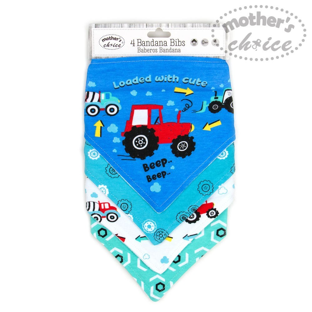 Packaged bandana bib with tractor design on a white background