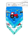 Packaged bandana bib with tractor design on a white background