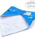 Blue and white baby bib with cartoon designs on a white background, featuring 'mother's choice' branding.