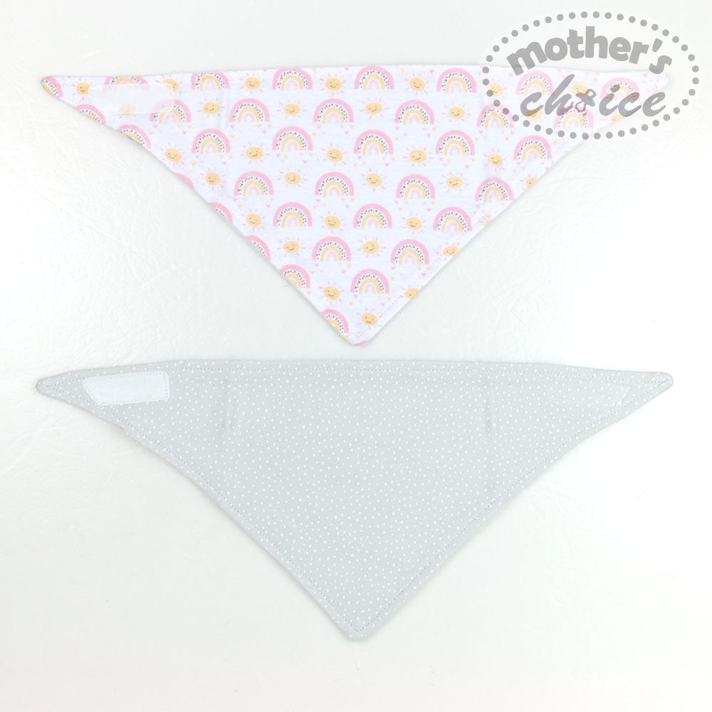 Two bandana bibs with different patterns on a white background, branded 'Mother's Choice'.