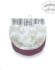 Floral-patterned baby bib with purple trim on a white background, branded 'Mother's Choice'.