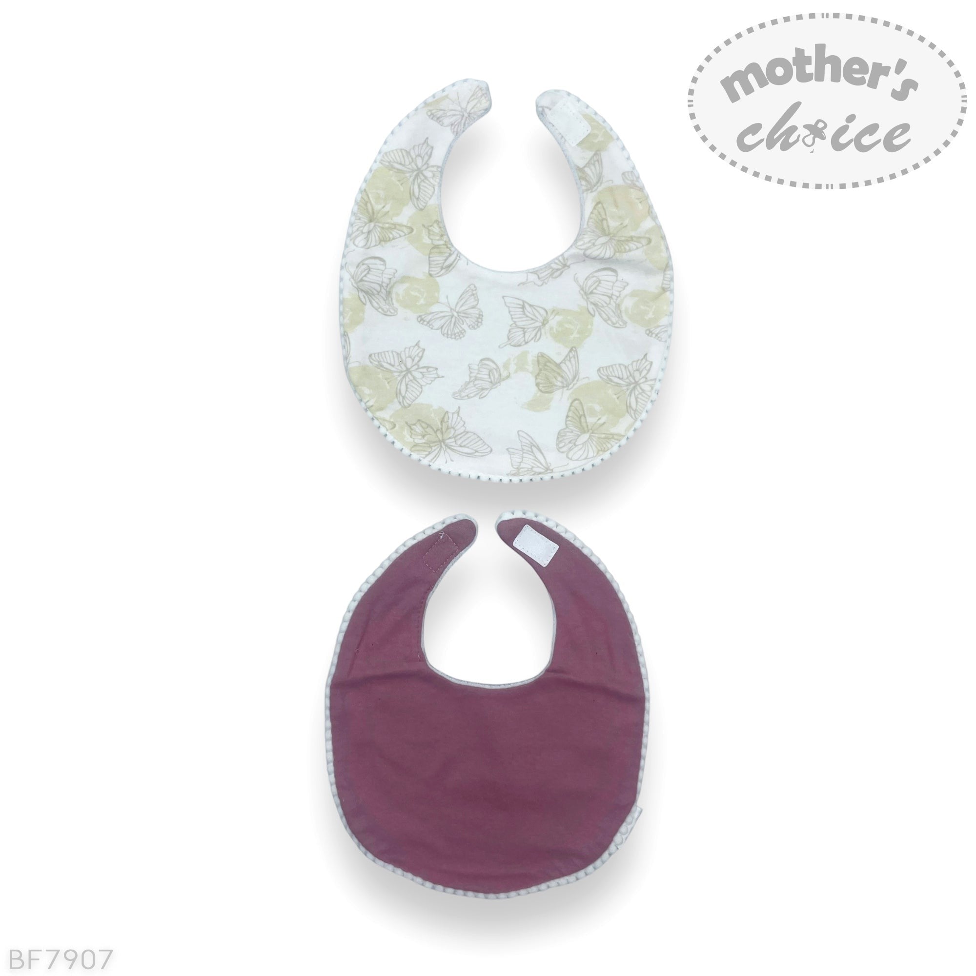 Two baby bibs, one with floral pattern and one solid color, on a white background with 'mother's choice' branding.