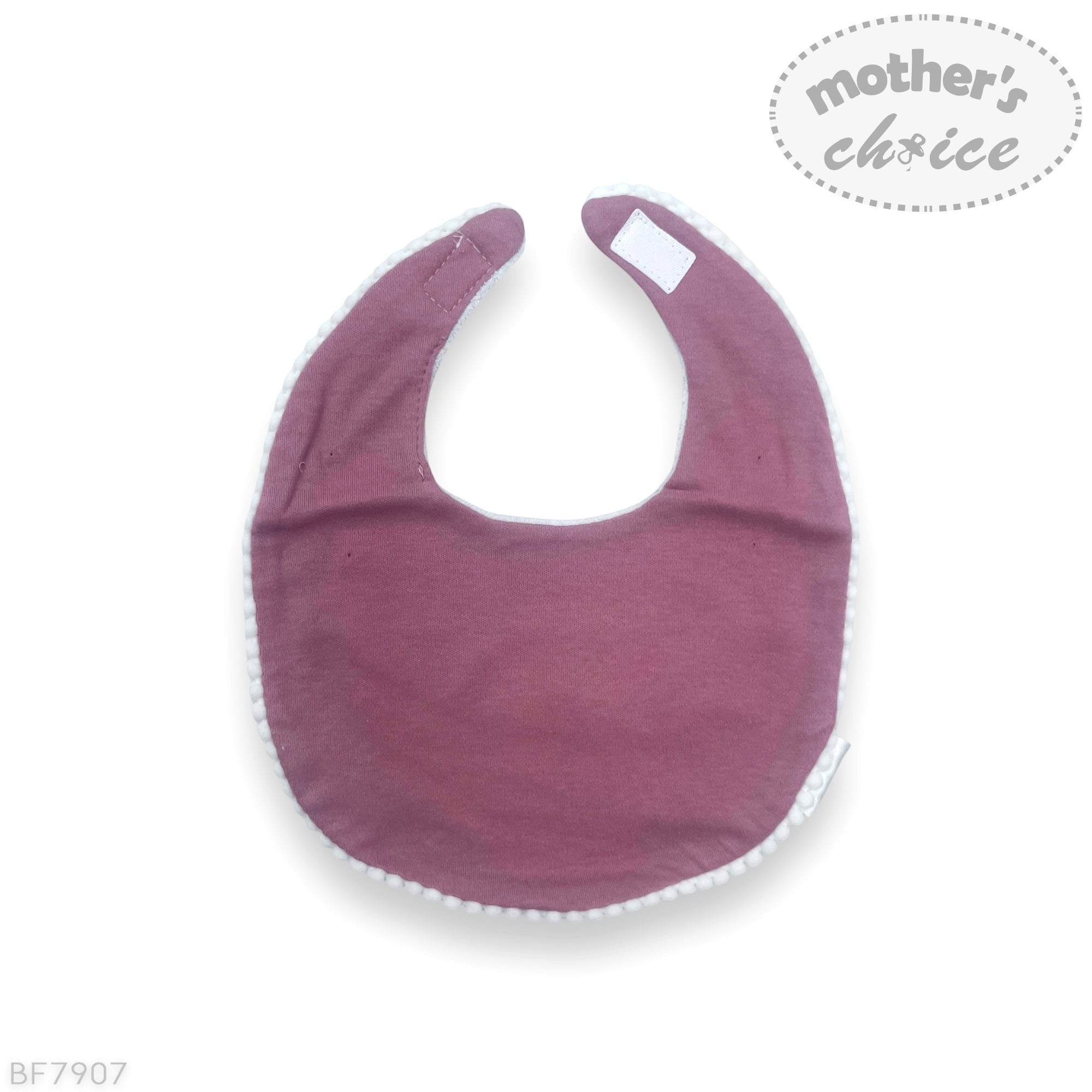Purple baby bib with white trim on a white background, branded 'Mother's Choice'.
