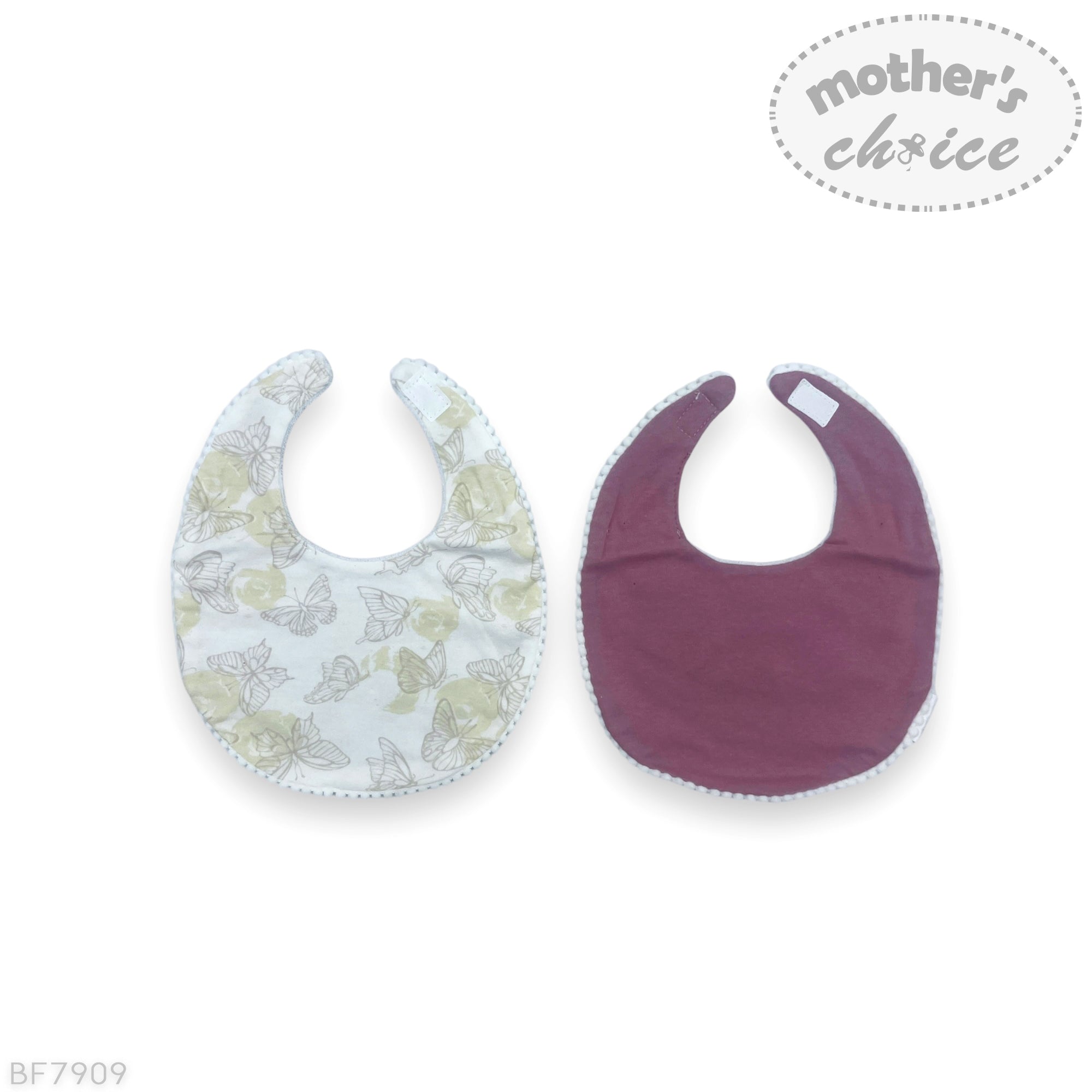 Two baby bibs, one with floral pattern and one solid color, on a white background with 'mother's choice' branding.