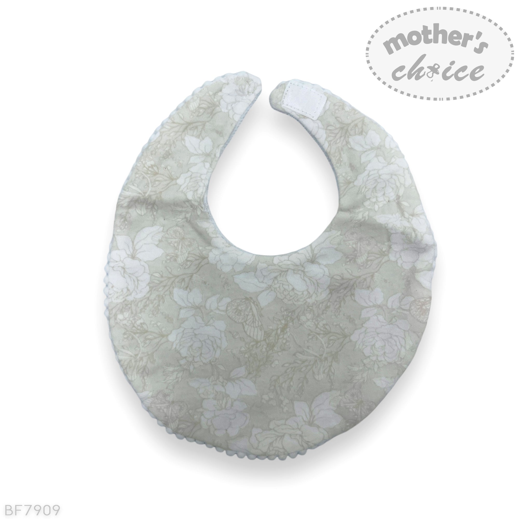 Floral patterned baby bib with 'mother's choice' branding on a white background