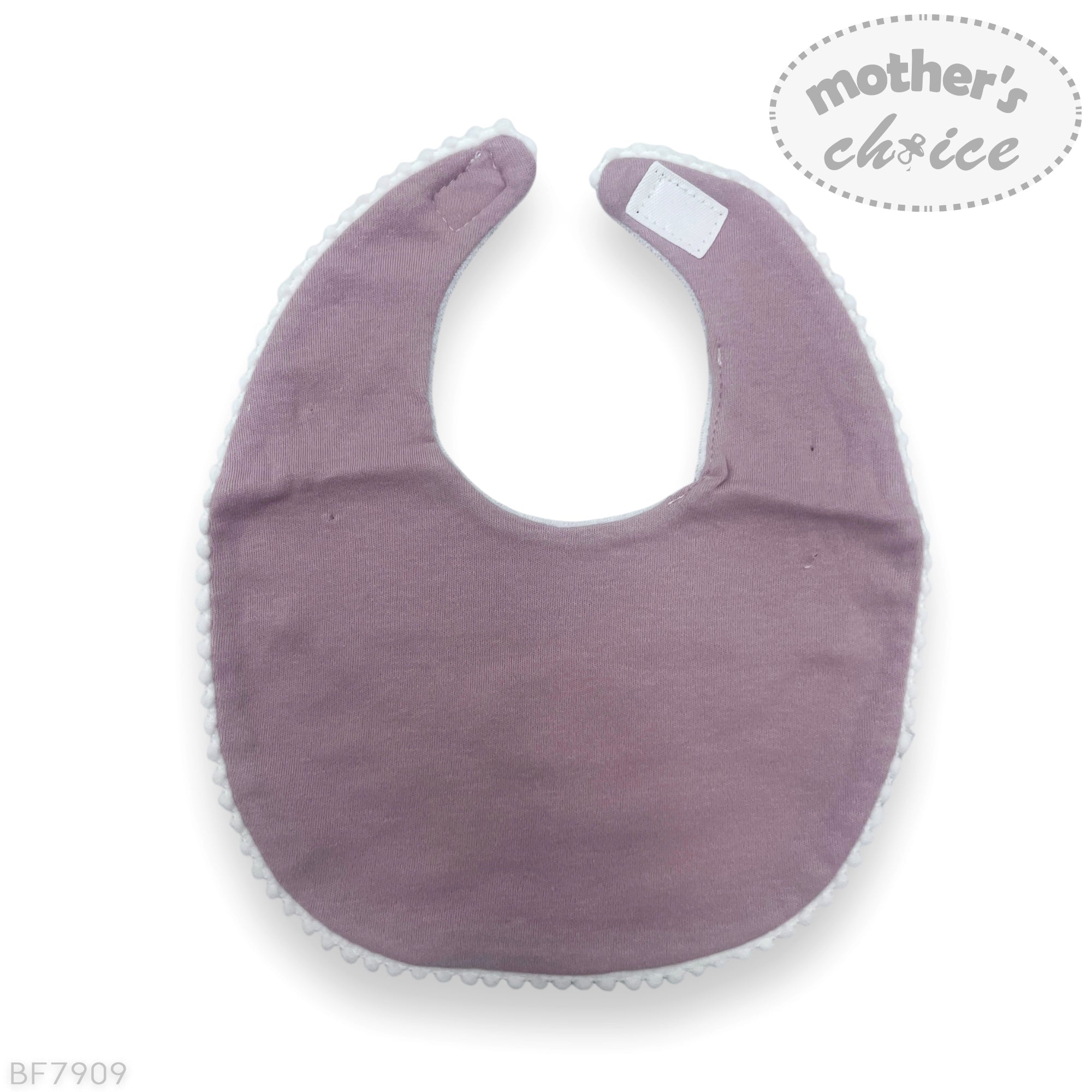 Purple baby bib with 'mother's choice' branding on a white background