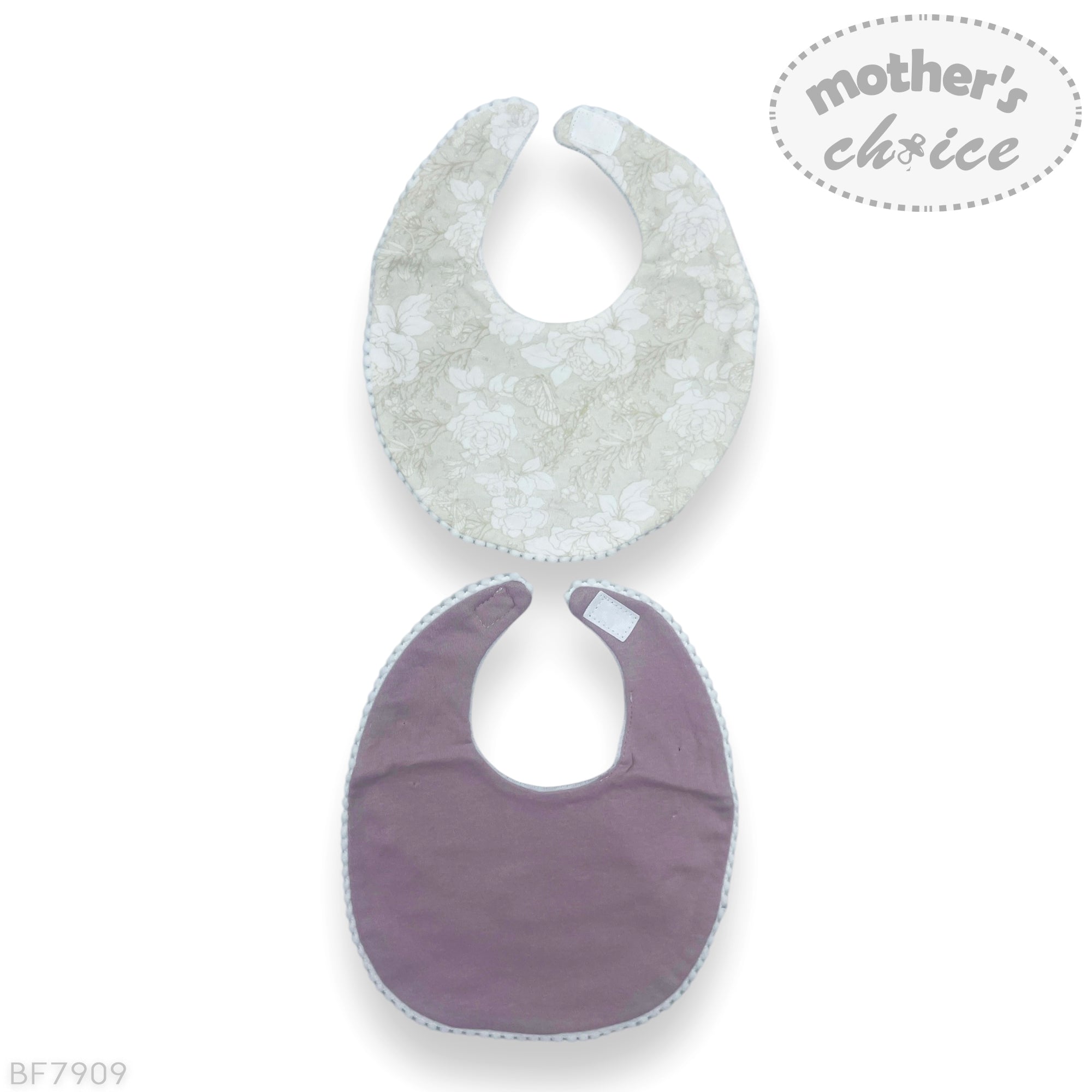 Two baby bibs, one white with a textured pattern and one purple, on a white background with 'mother's choice' branding.