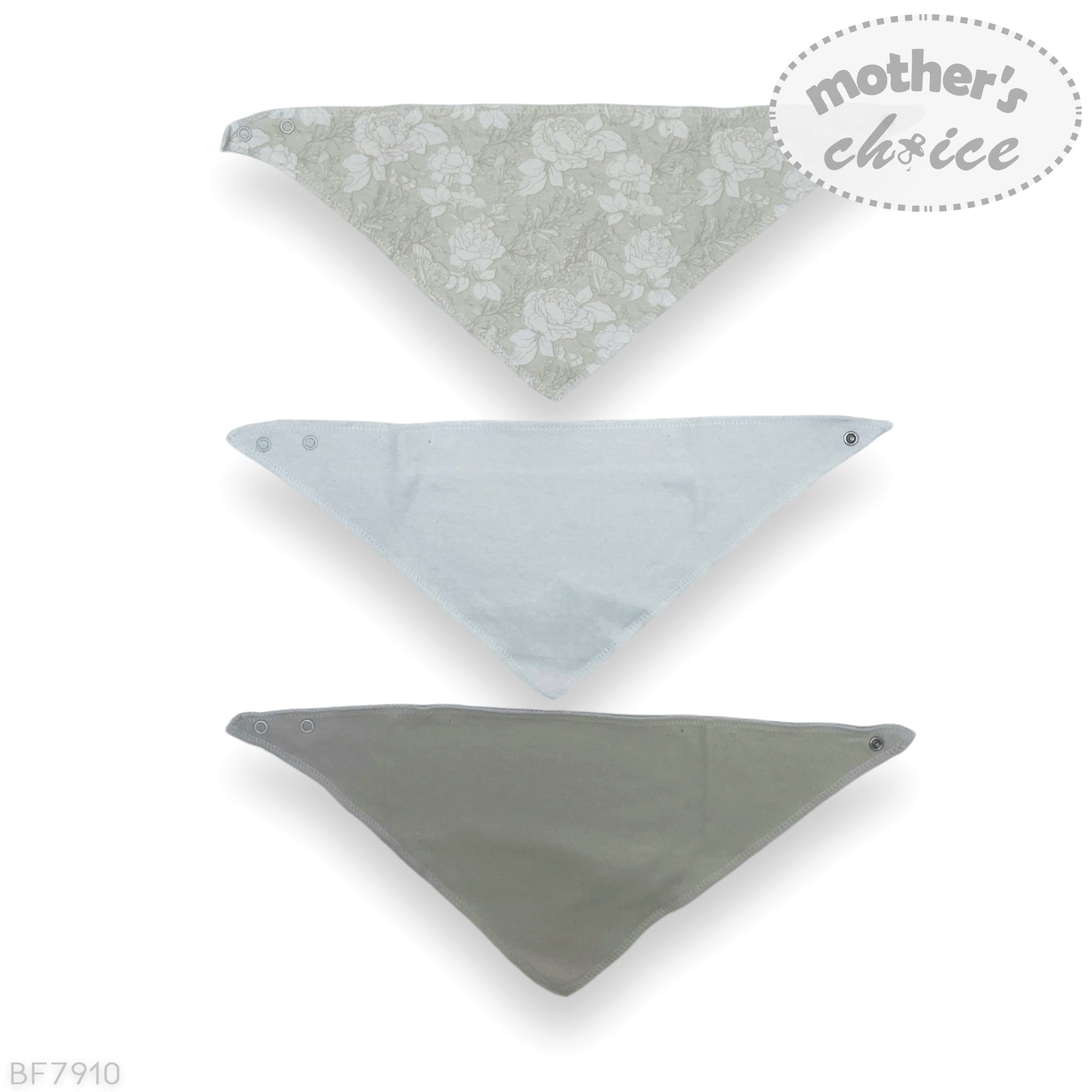 Three triangular bandana bibs in gray, light blue, and white on a white background with 'mother's choice' branding.