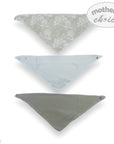 Three triangular bandana bibs in gray, light blue, and white on a white background with 'mother's choice' branding.