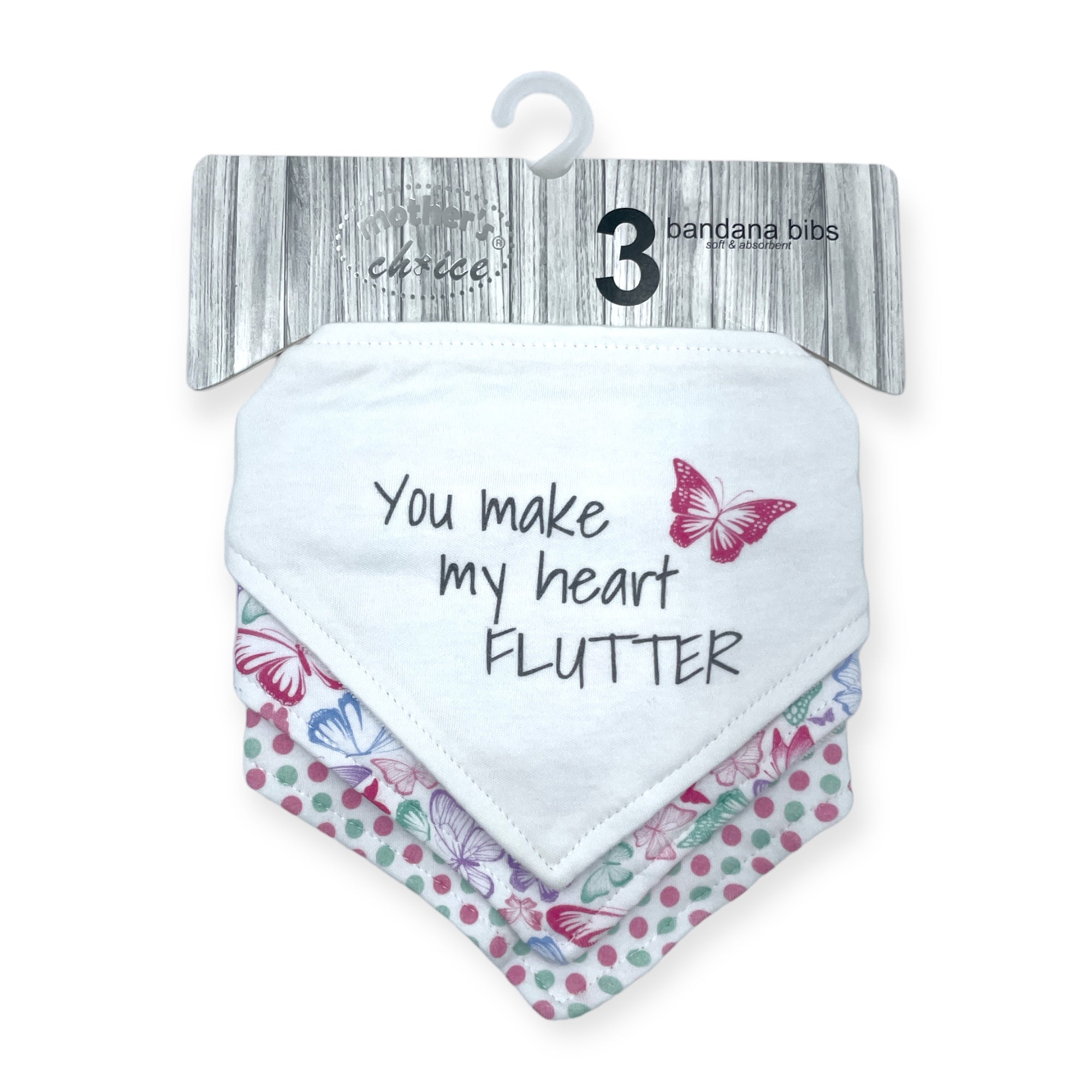 Packaged bandana bib with butterfly design and text on a white background